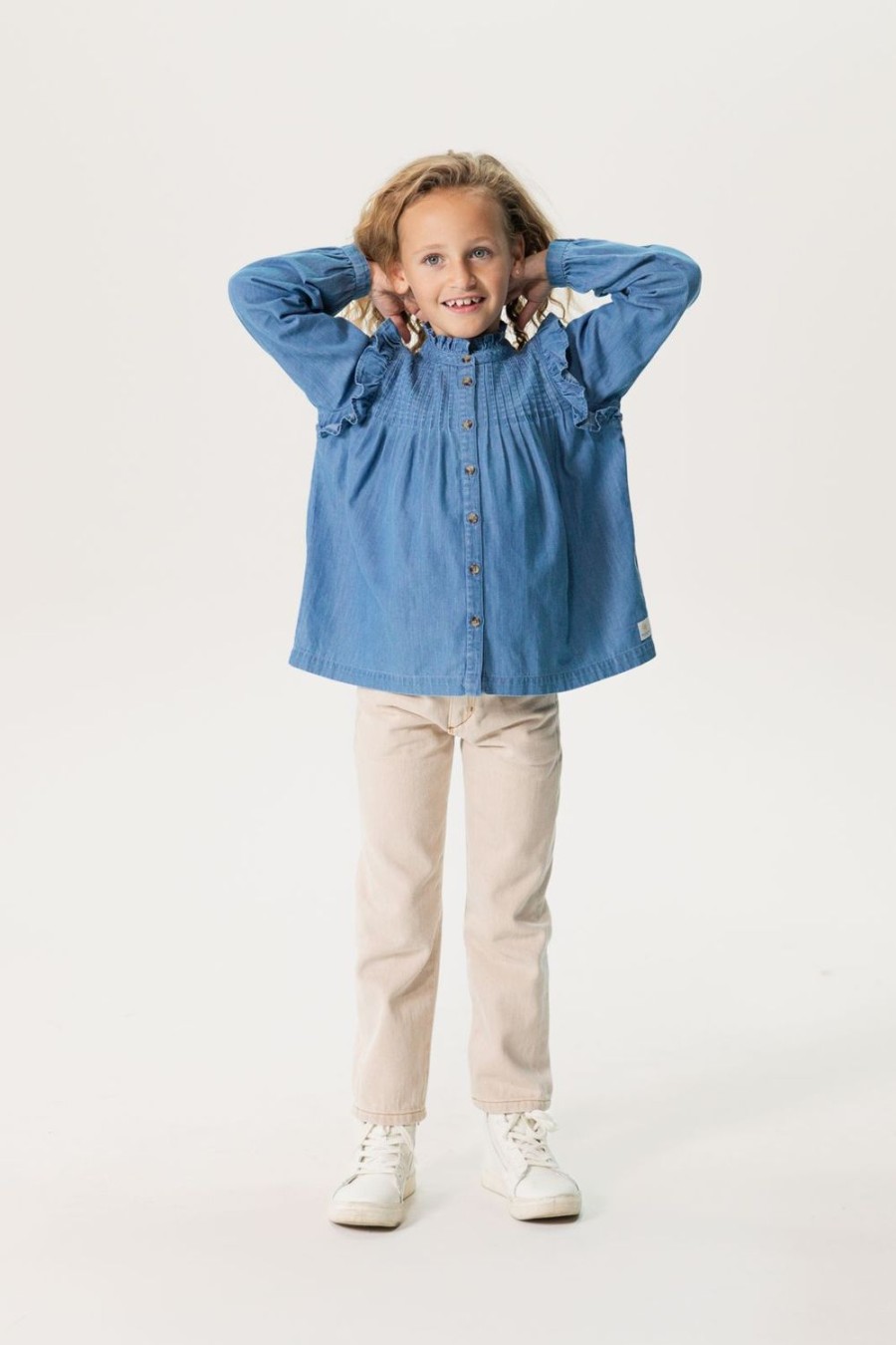 Sissy-Boy Blouses | Denim Blouse Met Ruffle Details En Pintucks