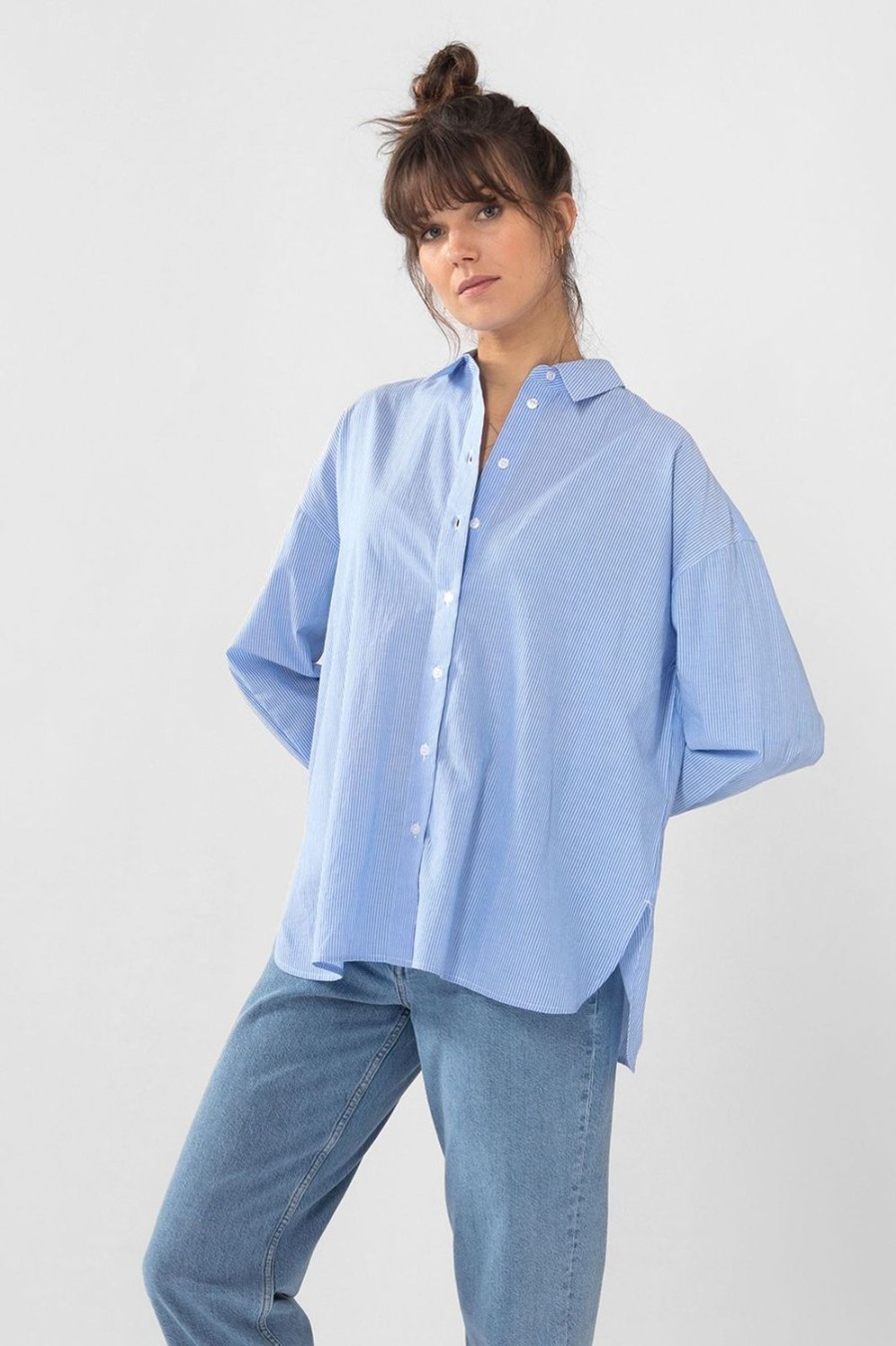 Sissy-Boy Blouses | Lichtblauwe Gestreepte Oversized Blouse