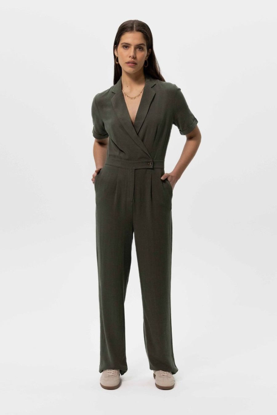 Sissy-Boy Broeken | Donkergroene Linnen Straight Leg Jumpsuit