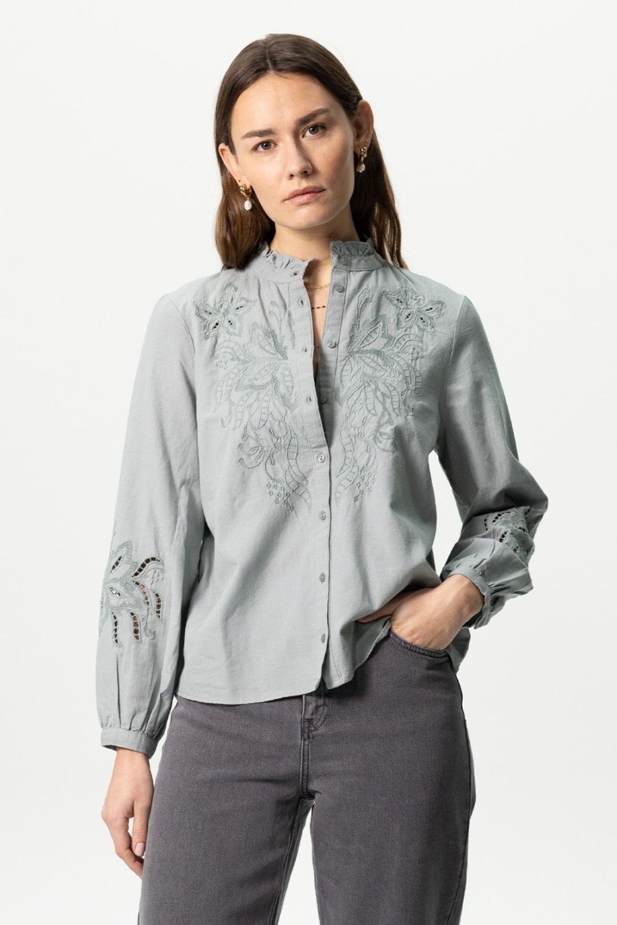 Sissy-Boy Blouses | Grijsblauwe Linnen Blouse Met Embroidery Details