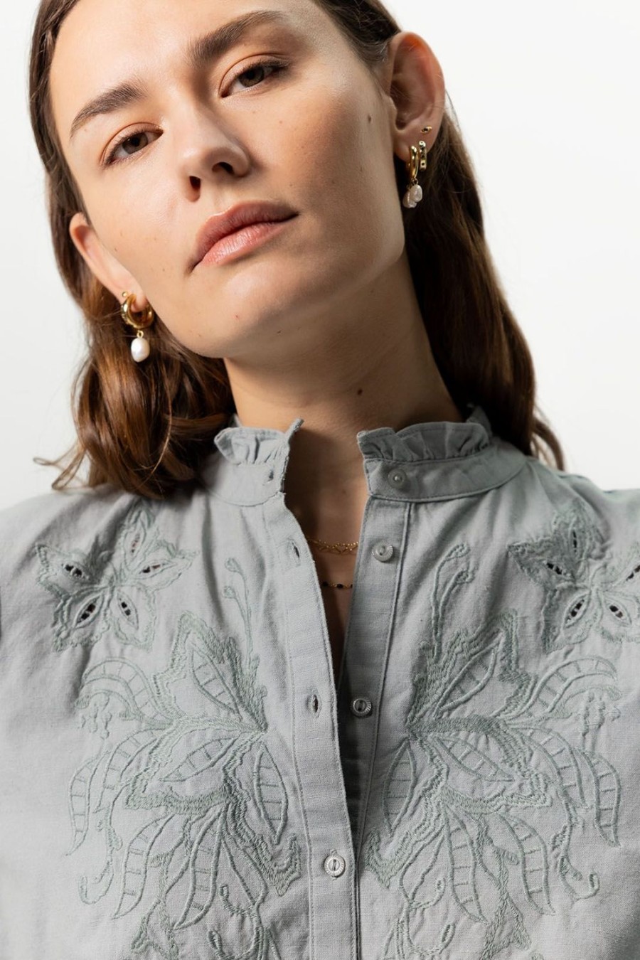 Sissy-Boy Blouses | Grijsblauwe Linnen Blouse Met Embroidery Details