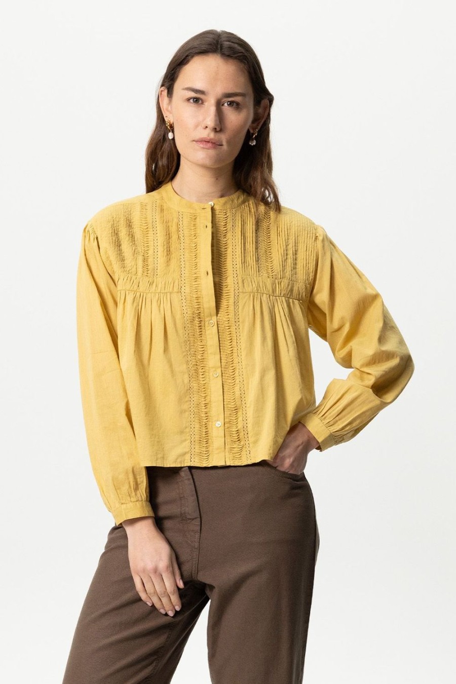 Sissy-Boy Blouses | Mosterdgele Cropped Blouse Met Pintuck Details