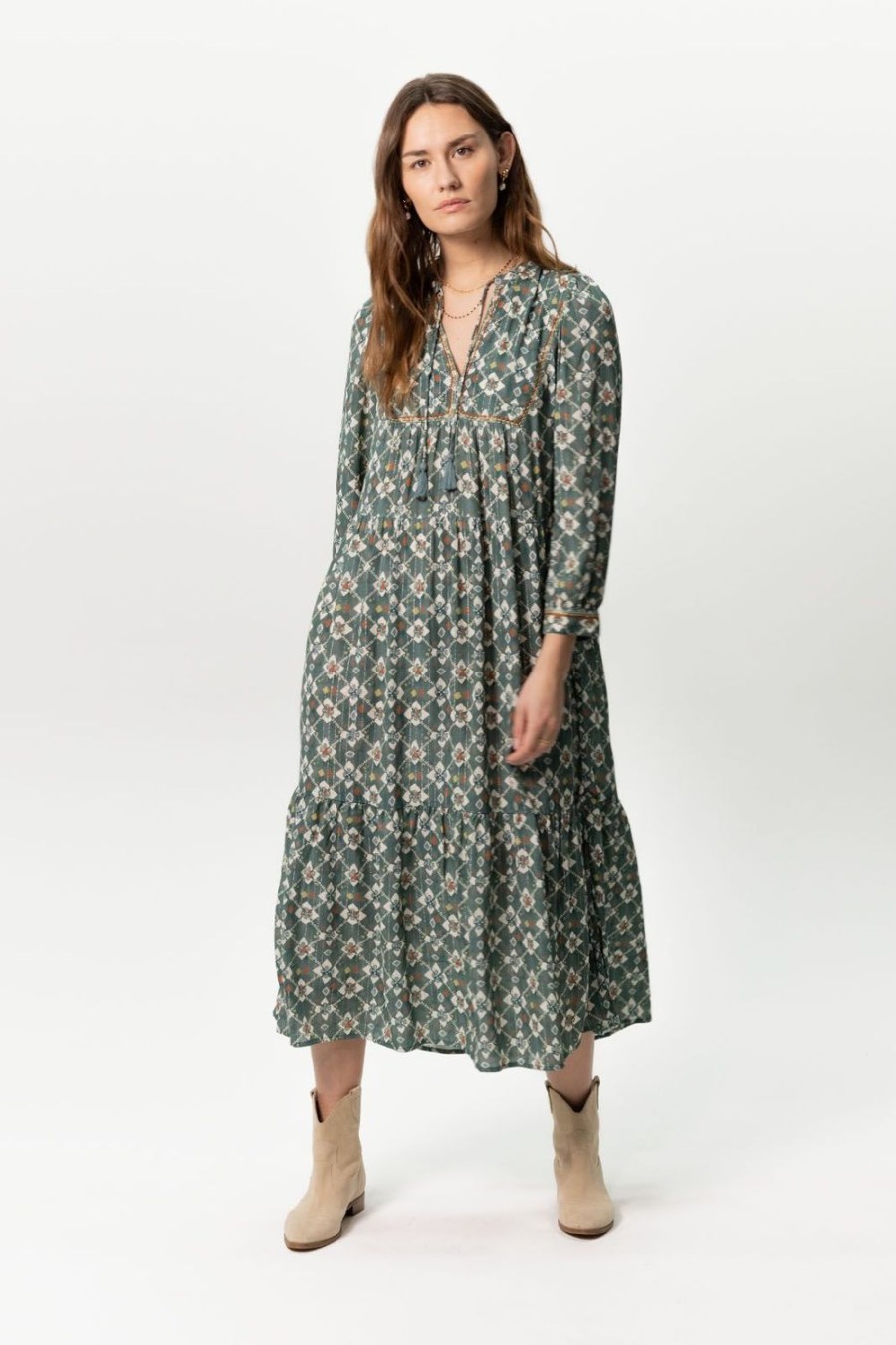 Sissy-Boy Jurken | Groenblauwe Maxi Jurk Met Print En Embroidery