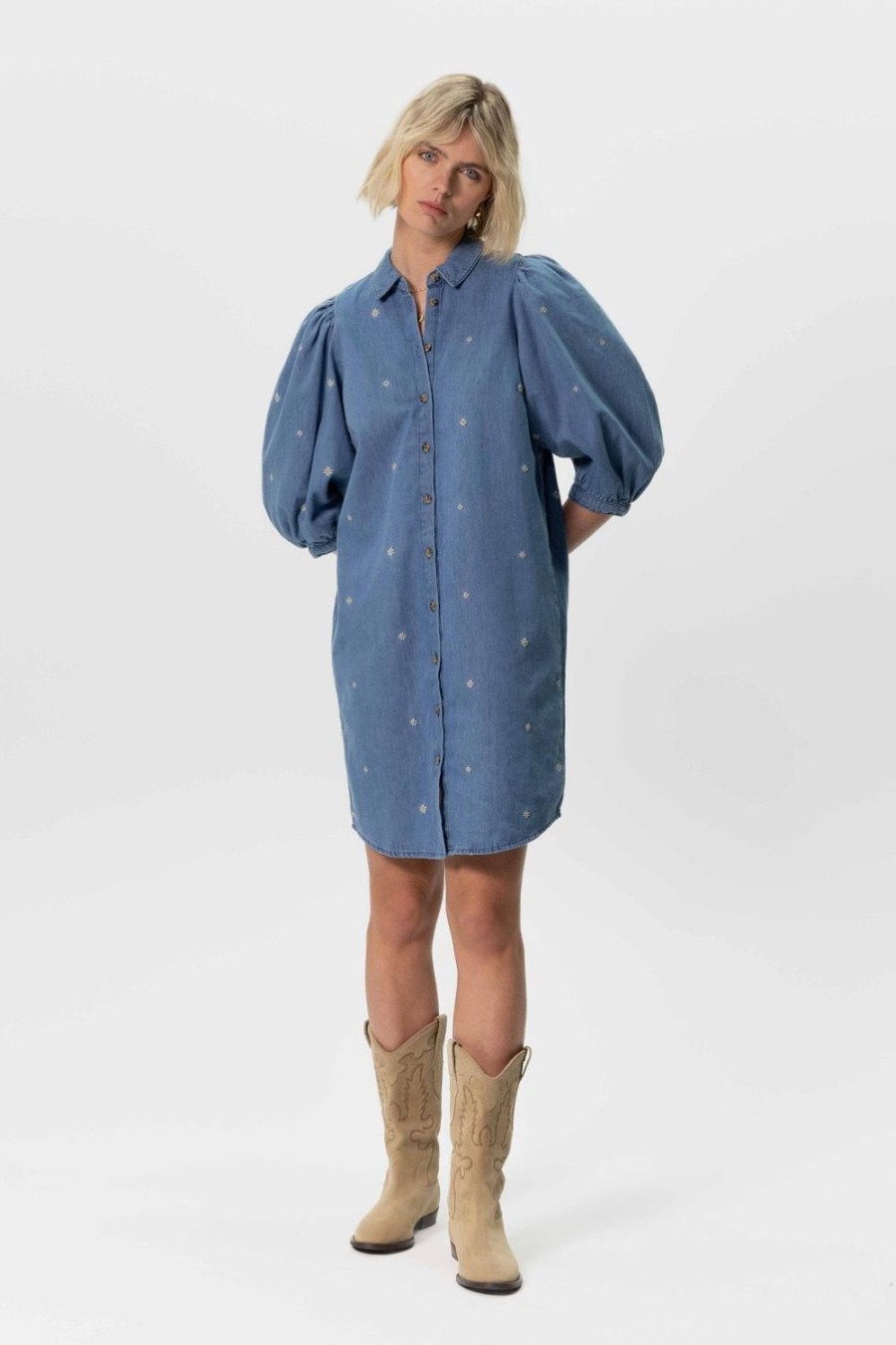 Sissy-Boy Jurken | Denim Jurk Met Pofmouwen En Madeliefjes Embroidery