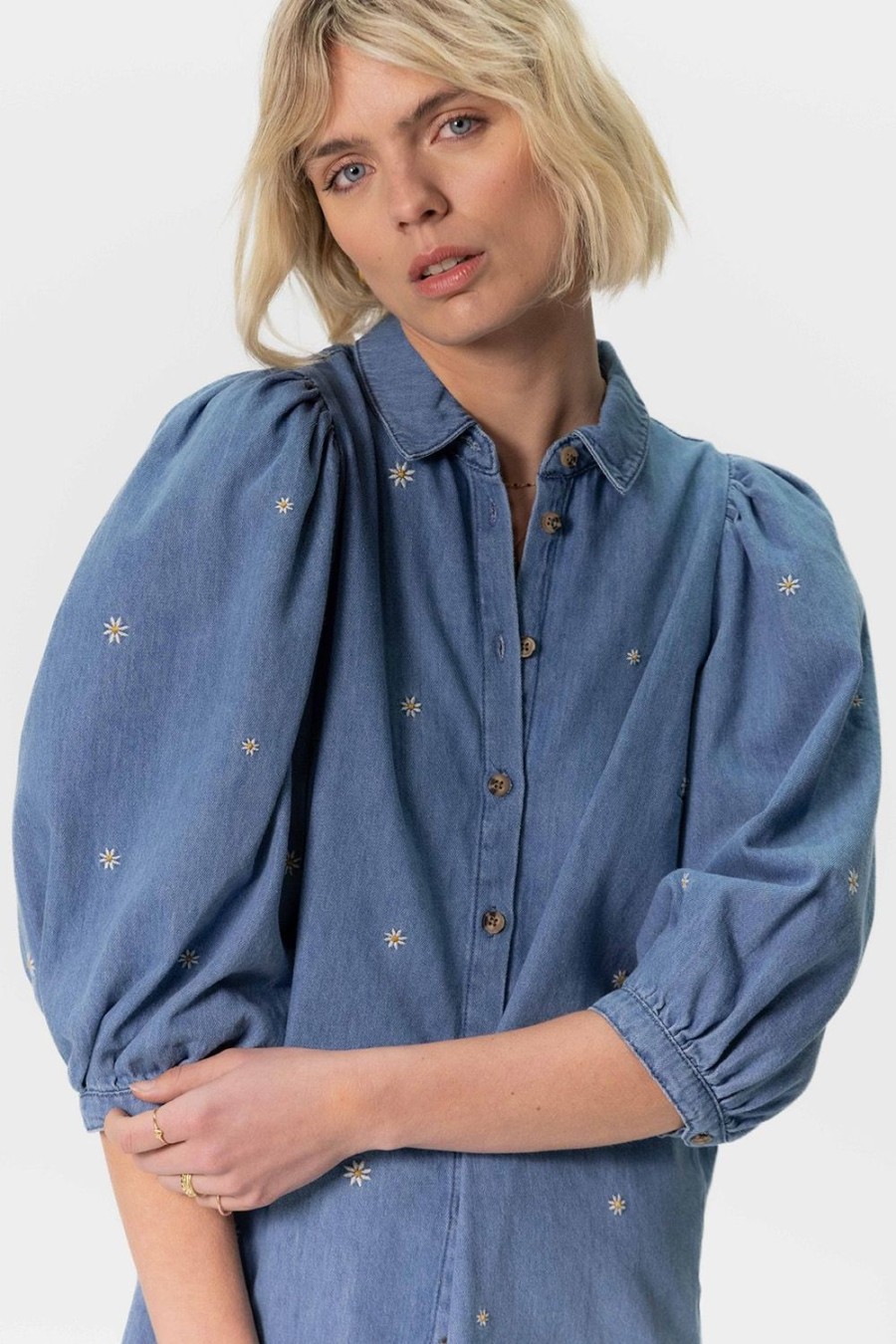 Sissy-Boy Jurken | Denim Jurk Met Pofmouwen En Madeliefjes Embroidery