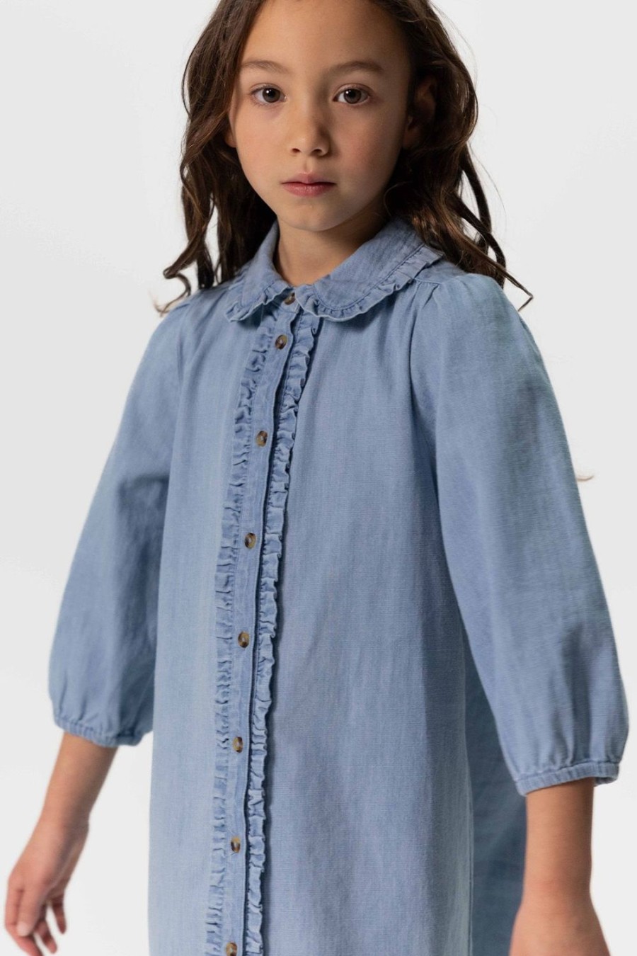 Sissy-Boy Jurken | Lichtblauwe Denim Jurk Met Pofmouwen En Ruffles