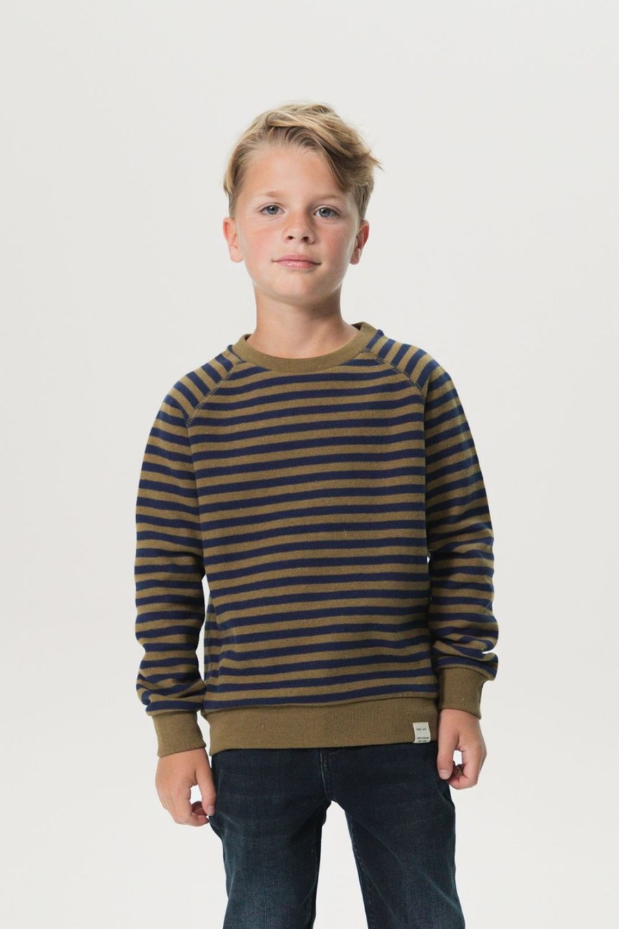 Sissy-Boy Truien En Vesten | Mosterd Groene Raglan Sweater Met Donkerblauwe Strepen