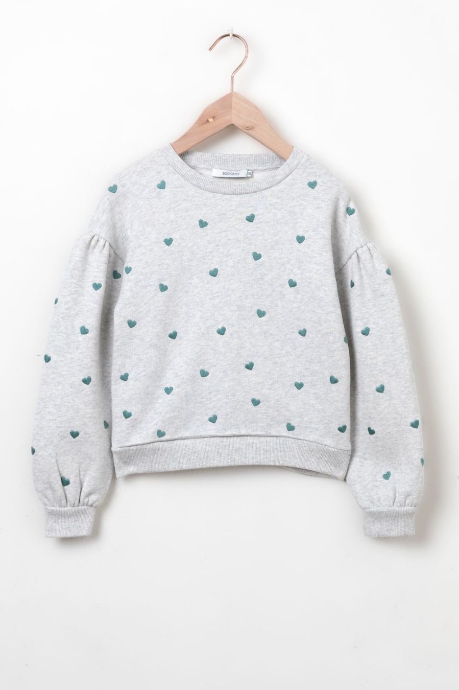 Sissy-Boy Truien En Vesten | Lichtgrijze Sweater Met Pofmouwen En Hartjes Embroidery