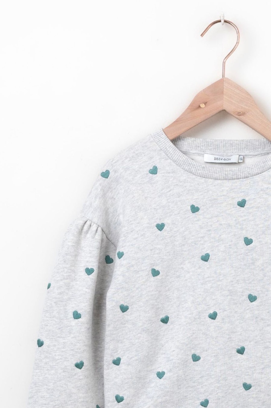 Sissy-Boy Truien En Vesten | Lichtgrijze Sweater Met Pofmouwen En Hartjes Embroidery