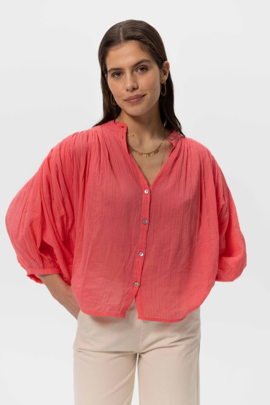 Sissy-Boy Blouses | Koraaloranje Cropped Blouse Met Pofmouwen